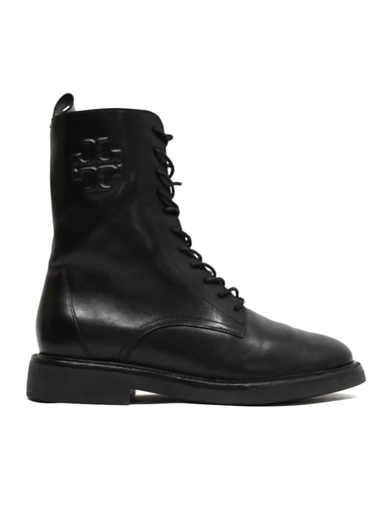 New! Tory Burch Double T Combat Boots Black Leather Size 8.5m Dd509a 154336